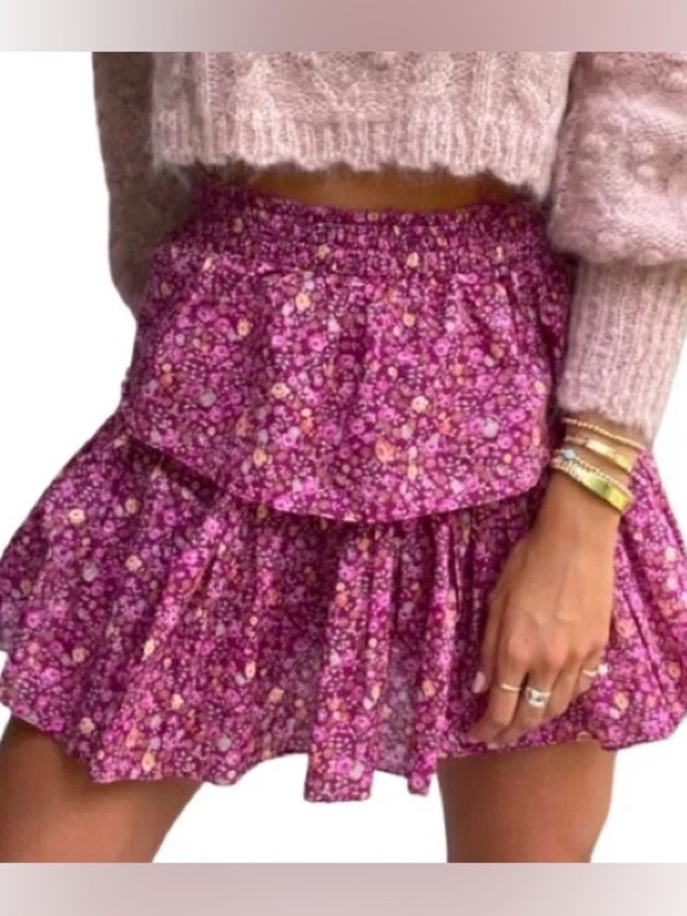 LoveShackFancy cherry wine ditsy floral tiered mini skirt XS
